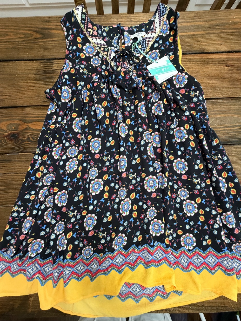 Umgee Black Floral Sleeveless Boho Dress with Yellow Hem